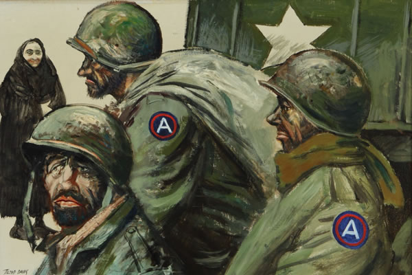 Three battle-weary American soldiers are painted emerging from (or passing) a US Army truck. The men’s faces are grimy and bearded. Behind them stands an old woman wearing a full-length mink coat. She watches the soldiers, a spectator to war.
