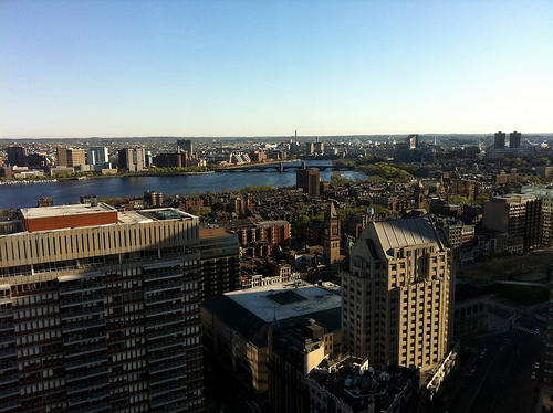 Aerial view of Boston's Back Bay and Prudential area from 36th floor of the Marriott.