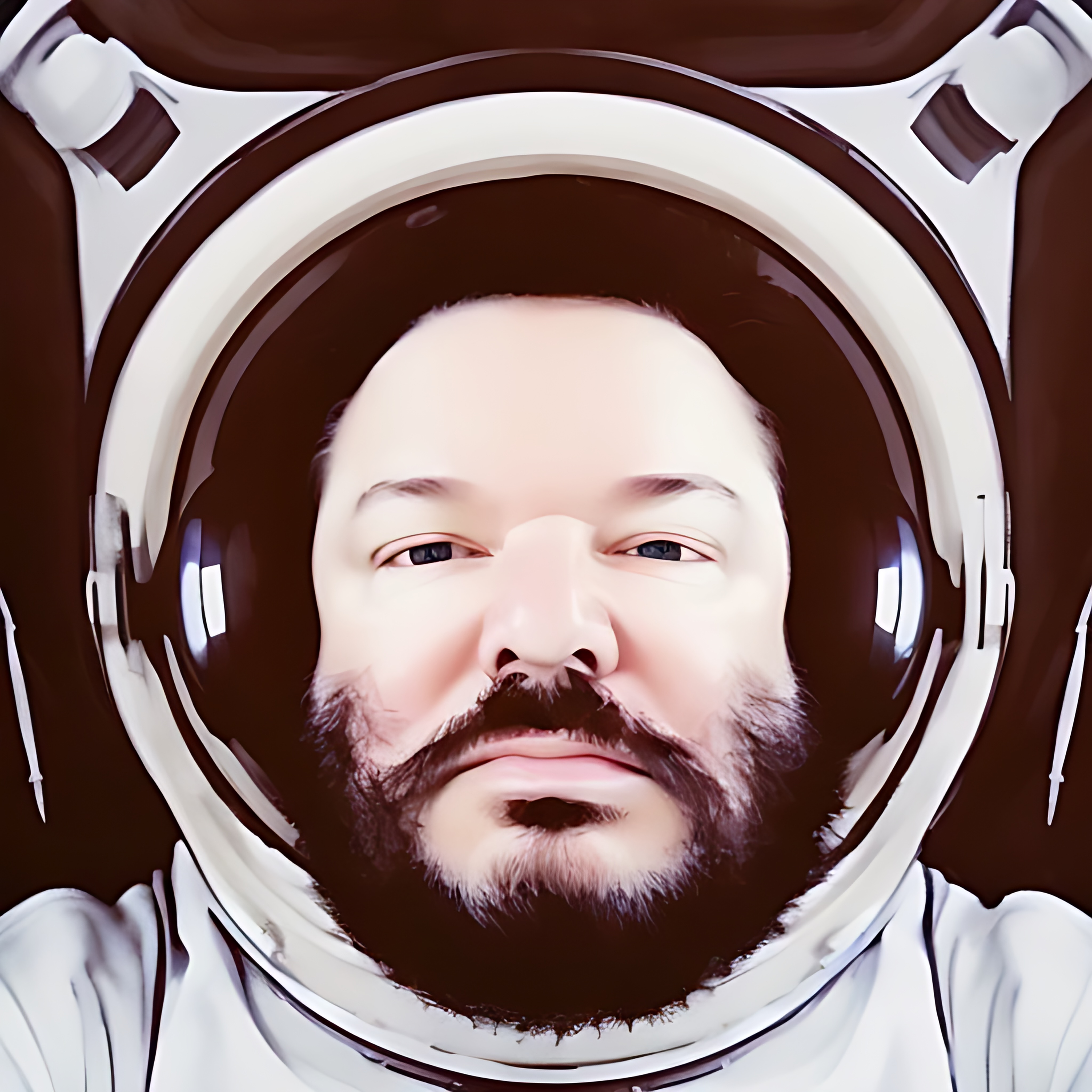 LP cover art. A cheesy AI-style illustration of the compposer wearing an absurd space helmet. Weirdly and magically, his beard protrudes through the bottom of the helmet. There is no spoon.