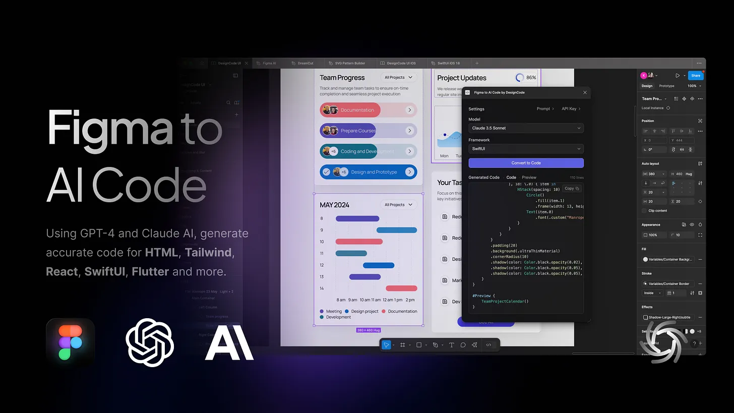 Figma to AI Code: Using GPT-4 and Claude.ai, generate accurate code for HTML, Tailwind, React, SwiftUI, Flutter and more.
